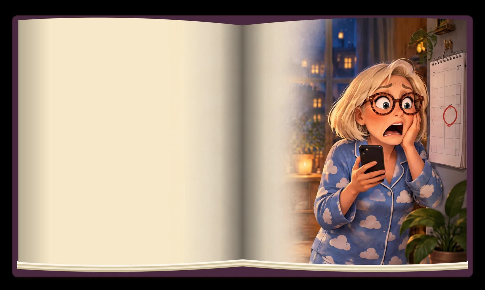 Bea, in pajamas and holding her phone, stares in horror at a date circled in red on the calendar