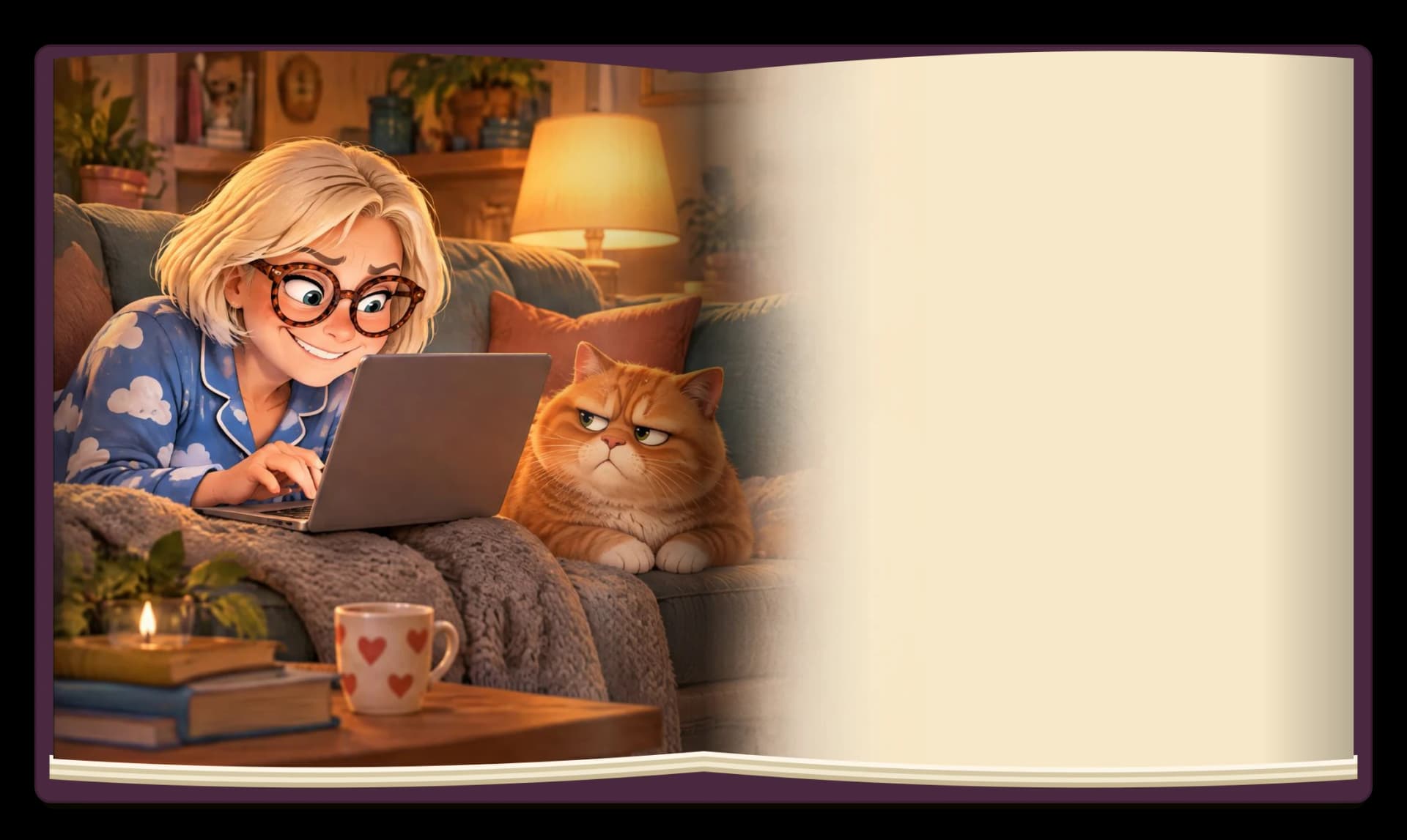 Bea types with a mischievous grin while her cat gives her a disapproving stare