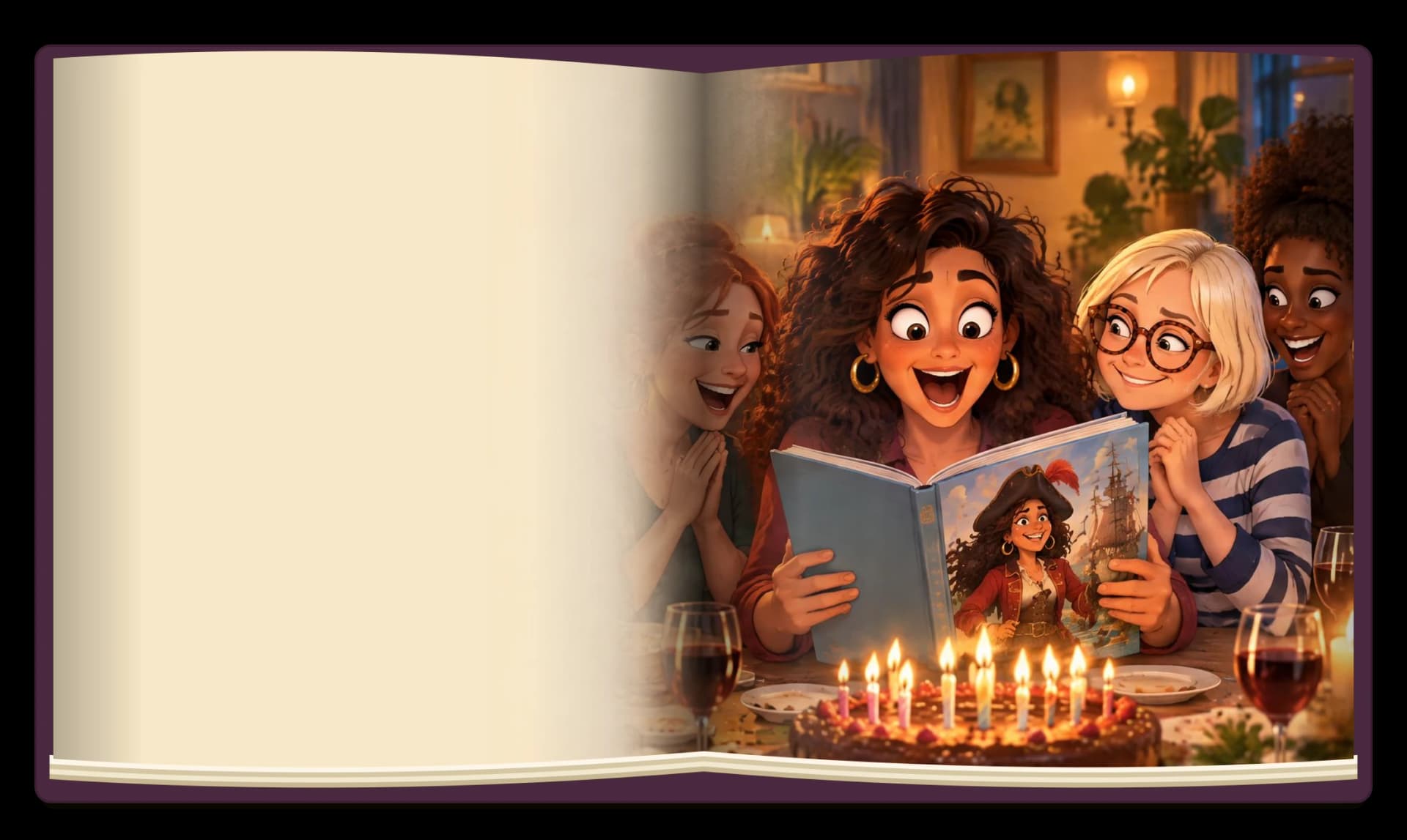 At her birthday dinner, Laura opens a storybook and finds a pirate captain with her face