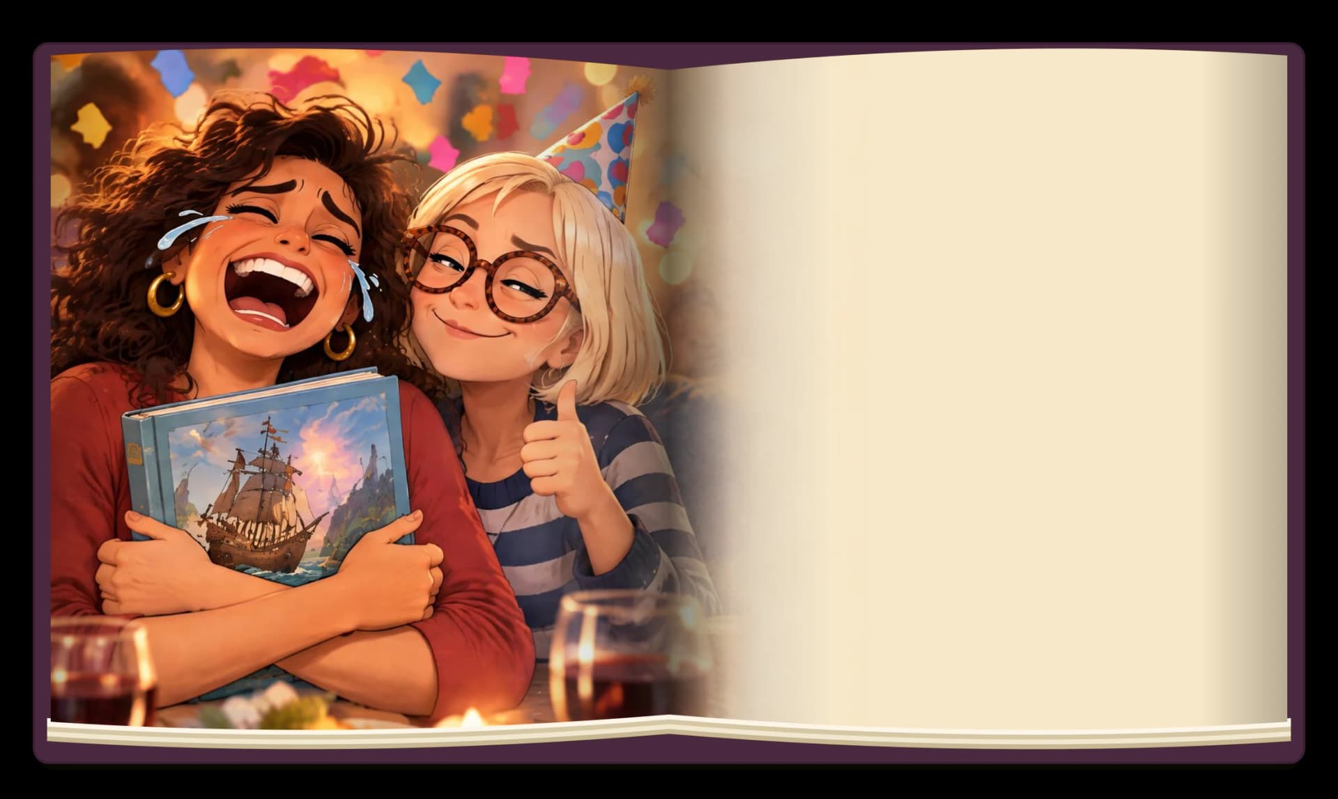 Laura cries with laughter hugging the book while Bea, in a party hat, gives a thumbs-up
