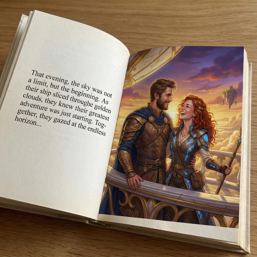 Open personalized story for adults: an adventurer couple gazes at the horizon from an airship among the clouds