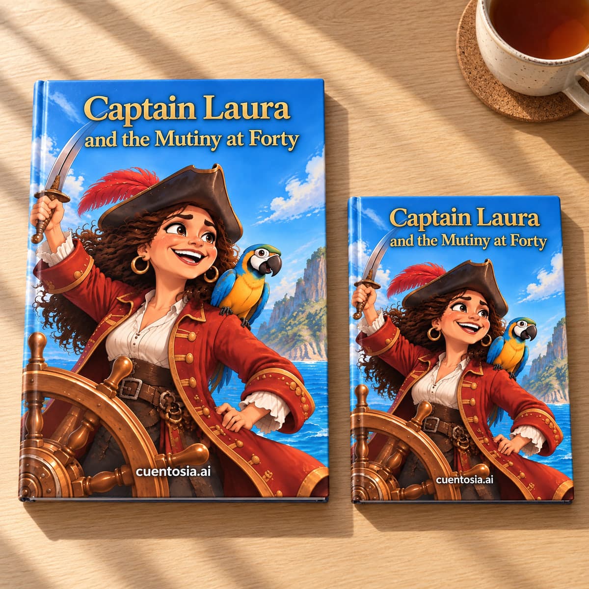 “Captain Laura and the Mutiny at Forty” printed in hardcover, A4 and A5, side by side on a wooden table