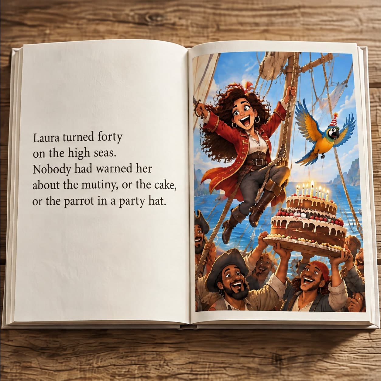 “Captain Laura” open on a wooden table: “Laura turned forty on the high seas. Nobody had warned her about the mutiny, or the cake, or the parrot in a party hat”, beside the illustration of Laura the pirate
