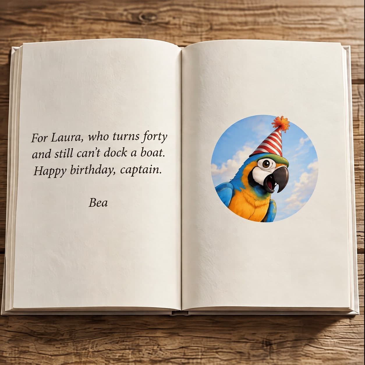 The book open at the dedication: “For Laura, who turns forty and still can’t dock a boat. Happy birthday, captain. Bea”