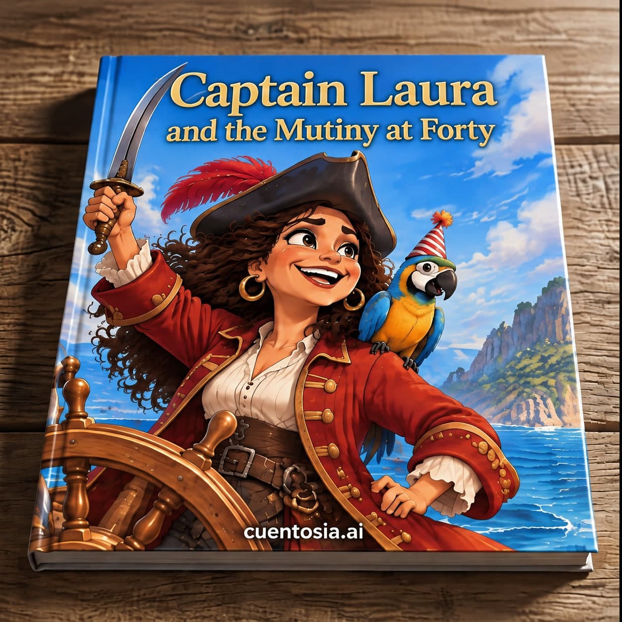 Cover of “Captain Laura and the Mutiny at Forty”: Laura the pirate at the wheel with a parrot in a party hat, on a wooden table