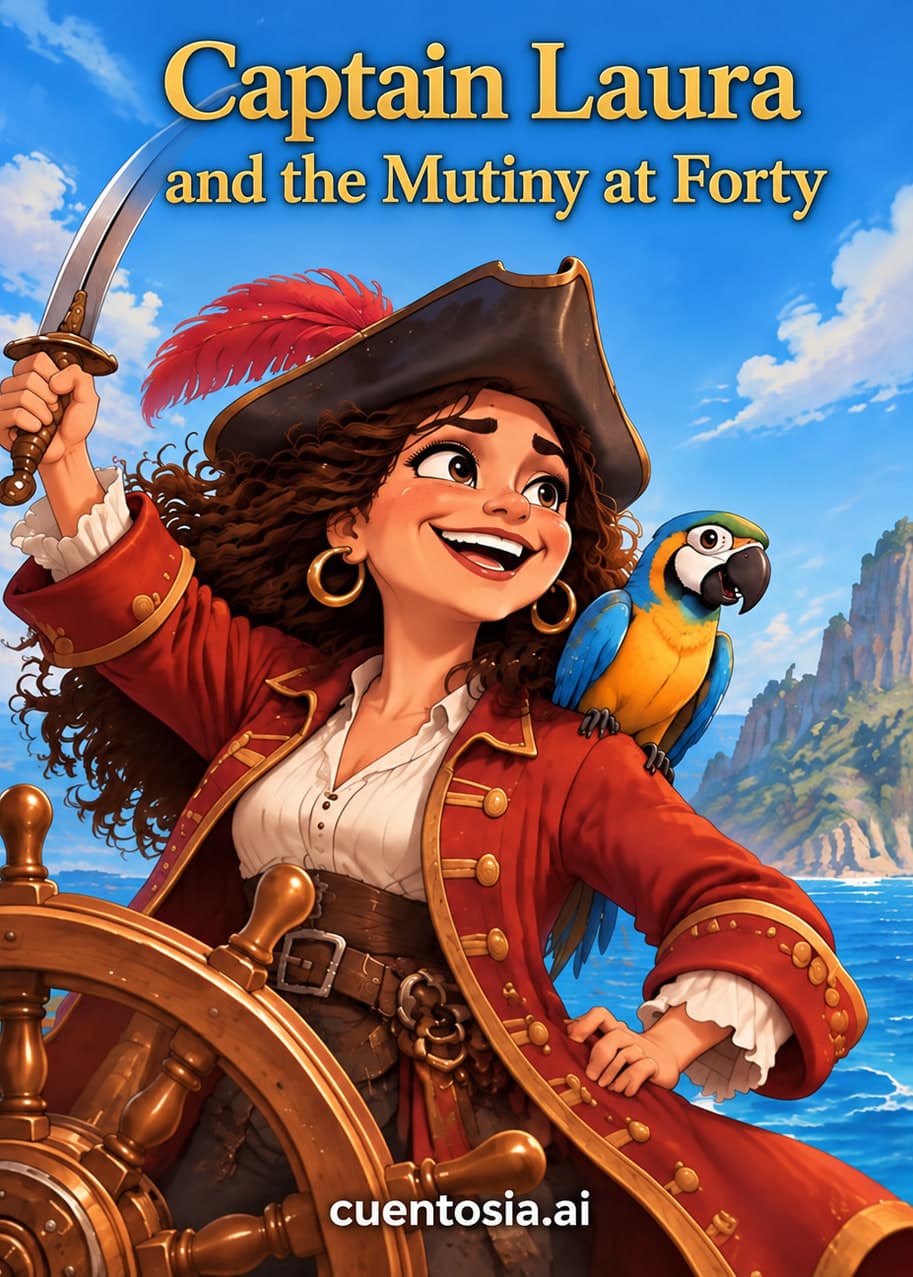 Cover of “Captain Laura and the Mutiny at Forty”: Laura, a pirate captain, at the wheel with a parrot in a party hat on her shoulder