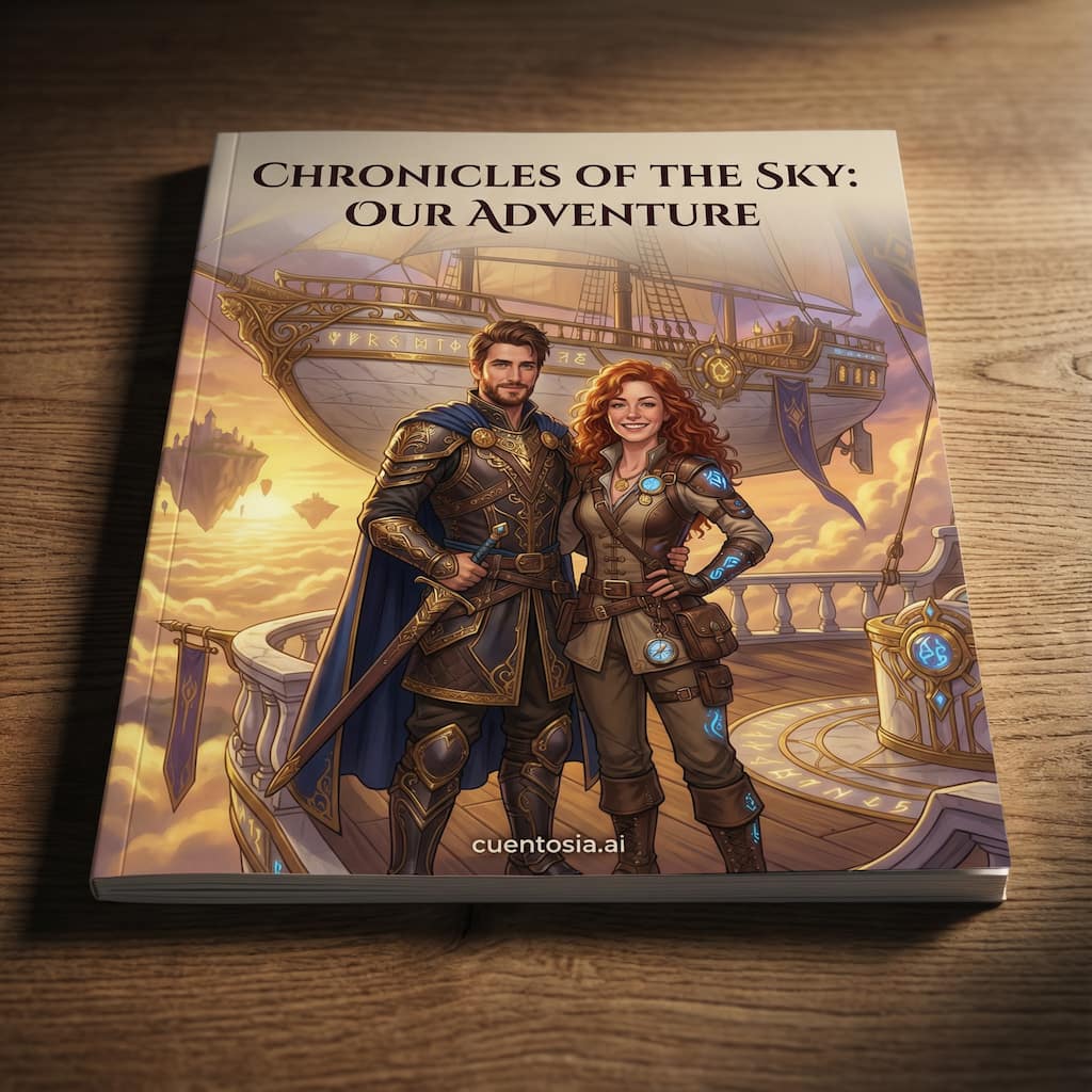 Illustrated cover of a personalized storybook for adults: a couple of adventurers in a sky harbour
