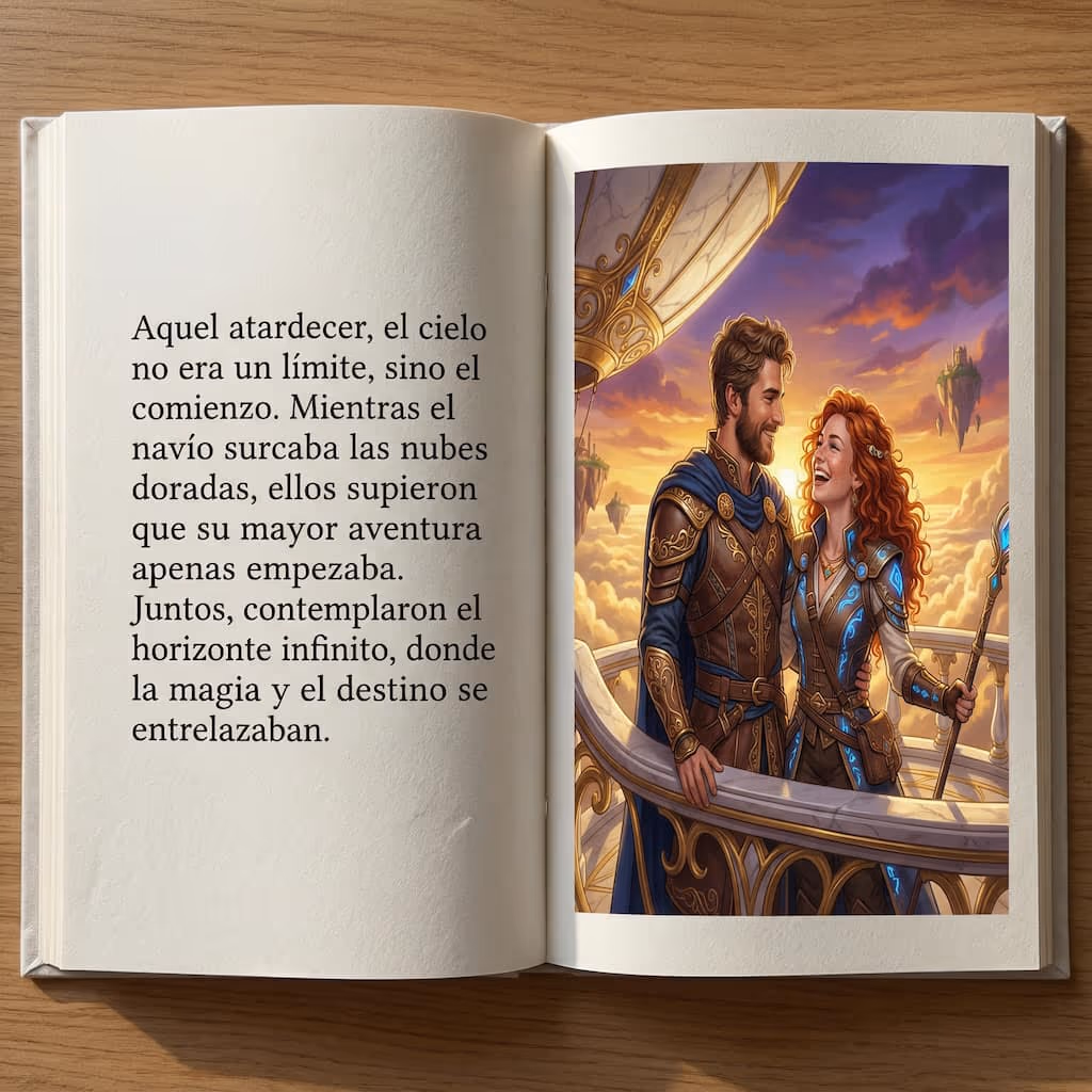 Cuento personalizado para adultos abierto: una pareja contempla el horizonte desde un navío entre nubes