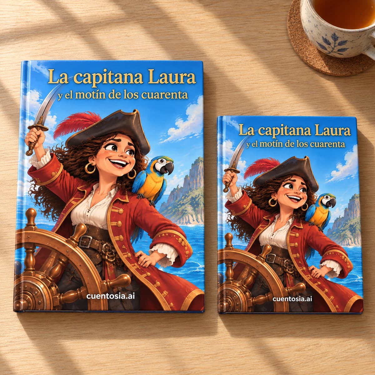 «La capitana Laura y el motín de los cuarenta» impreso en tapa dura en A4 y en A5, uno al lado del otro sobre una mesa de madera