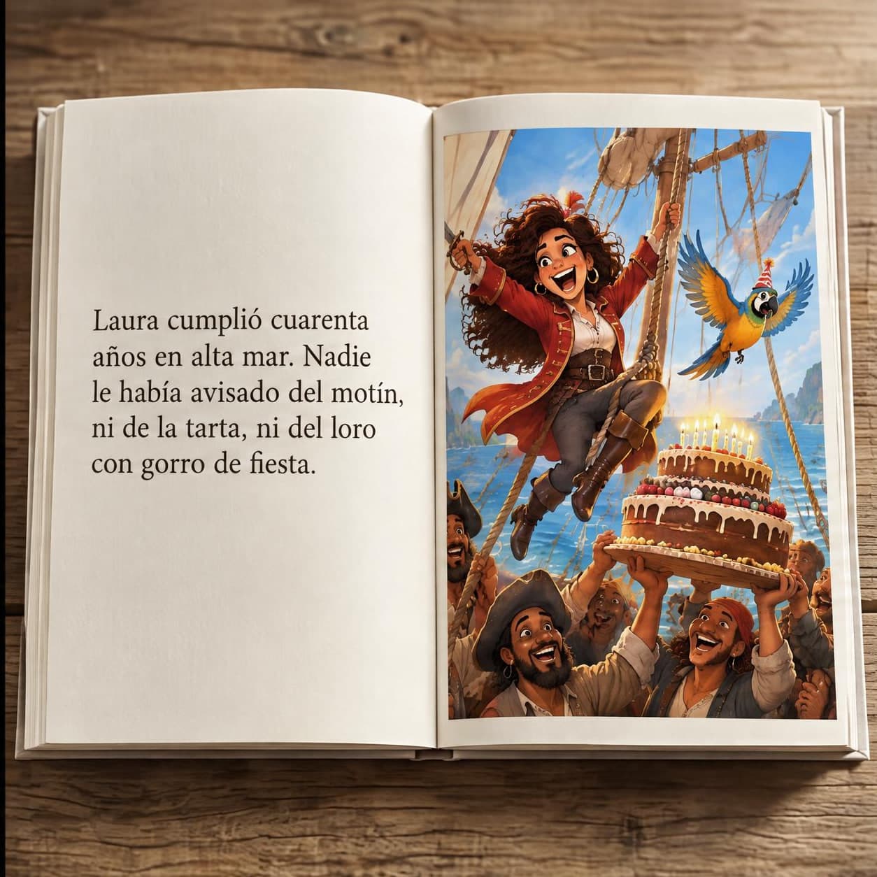 «La capitana Laura» abierto sobre una mesa de madera: «Laura cumplió cuarenta años en alta mar. Nadie le había avisado del motín, ni de la tarta, ni del loro con gorro de fiesta», junto a la ilustración de Laura pirata
