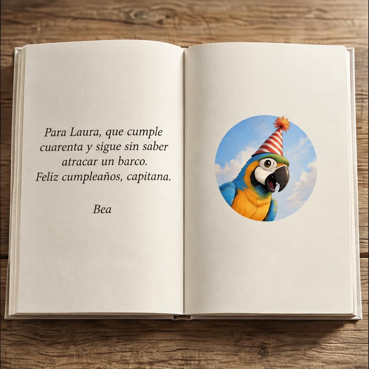 El cuento abierto por la dedicatoria: «Para Laura, que cumple cuarenta y sigue sin saber atracar un barco. Feliz cumpleaños, capitana. Bea»
