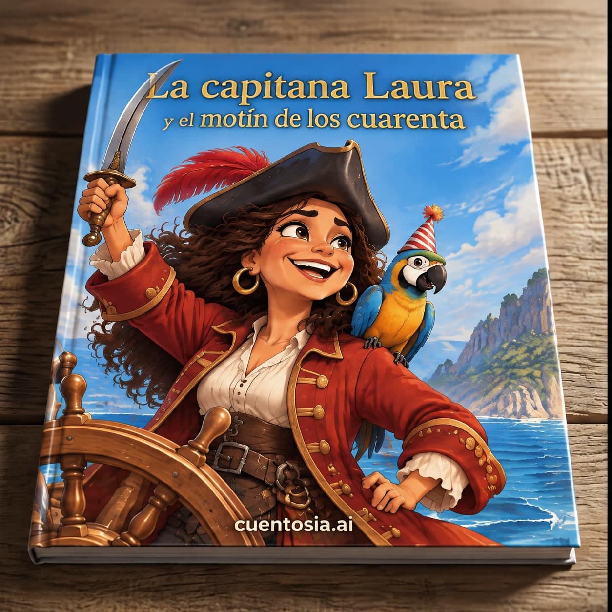 Portada de «La capitana Laura y el motín de los cuarenta»: Laura pirata al timón con un loro con gorro de fiesta, sobre una mesa de madera