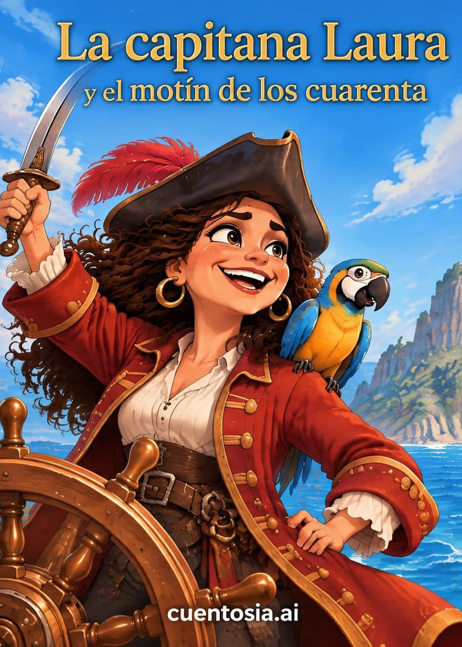 Portada de «La capitana Laura y el motín de los cuarenta»: Laura, capitana pirata, al timón con un loro con gorro de fiesta en el hombro