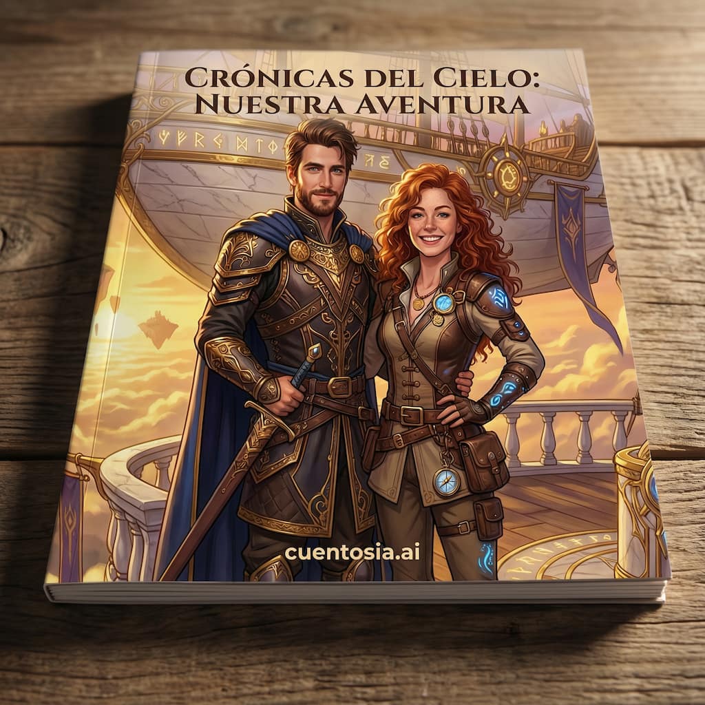 Portada ilustrada de un cuento personalizado para adultos: una pareja de aventureros en un puerto celeste