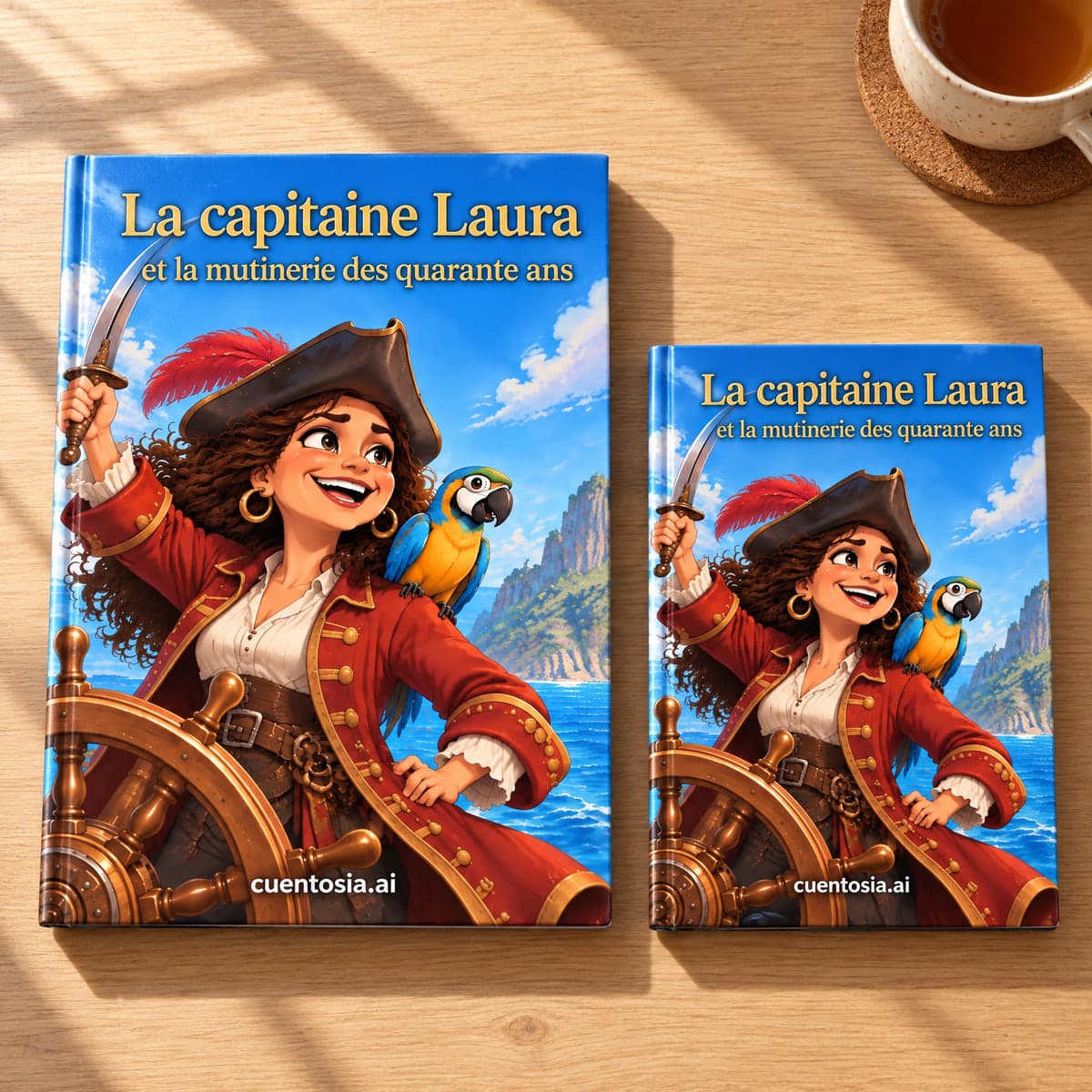 « La capitaine Laura et la mutinerie des quarante ans » imprimé en couverture rigide, en A4 et en A5, côte à côte sur une table en bois