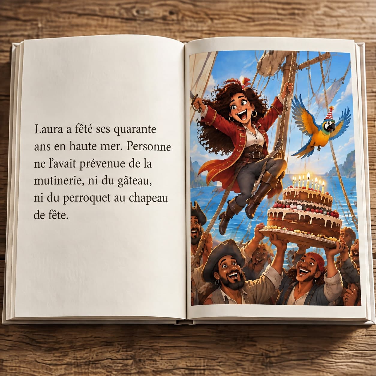 « La capitaine Laura » ouvert sur une table en bois : « Laura a fêté ses quarante ans en haute mer. Personne ne l’avait prévenue de la mutinerie, ni du gâteau, ni du perroquet au chapeau de fête », face à l’illustration de Laura en pirate