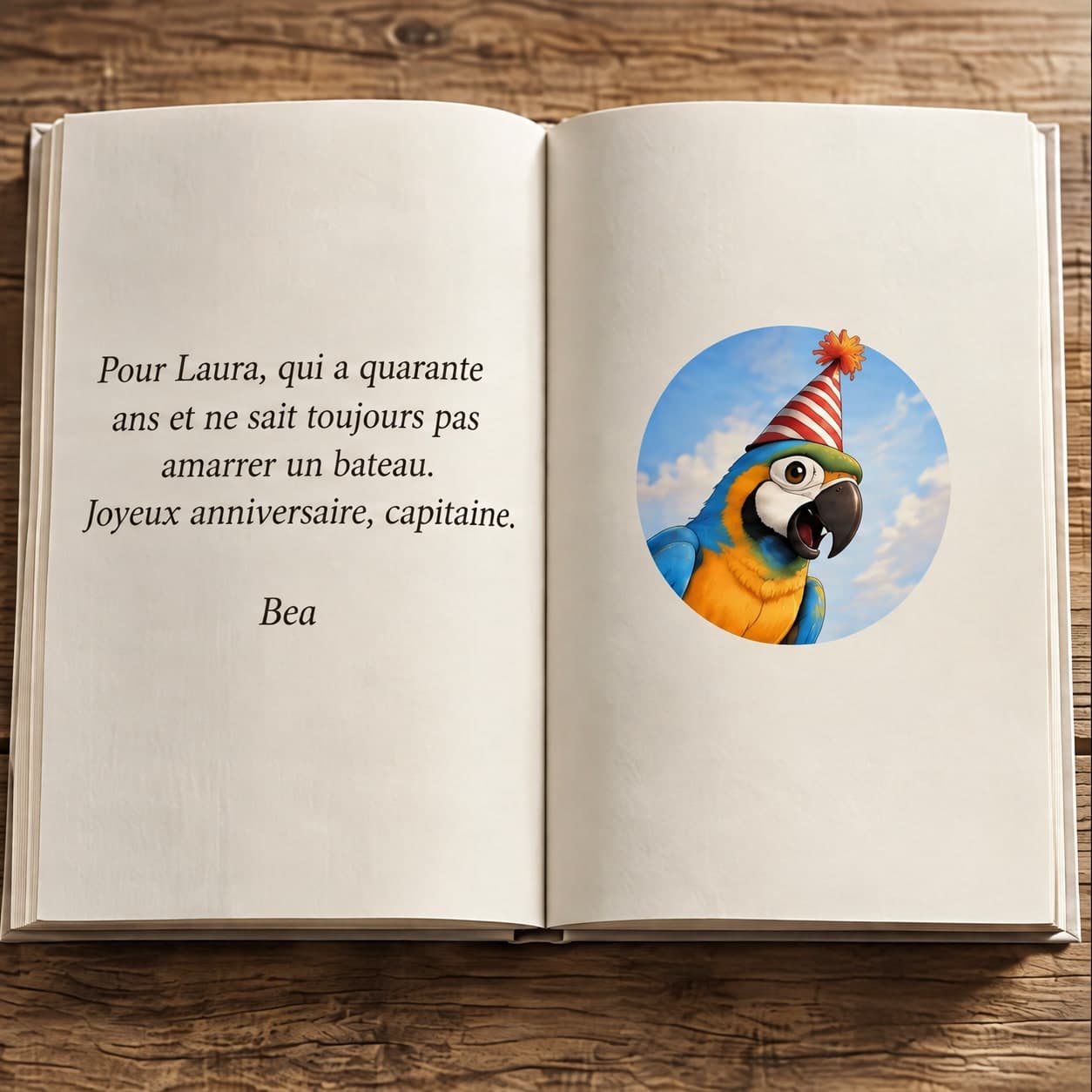 Le conte ouvert à la dédicace : « Pour Laura, qui a quarante ans et ne sait toujours pas amarrer un bateau. Joyeux anniversaire, capitaine. Bea »