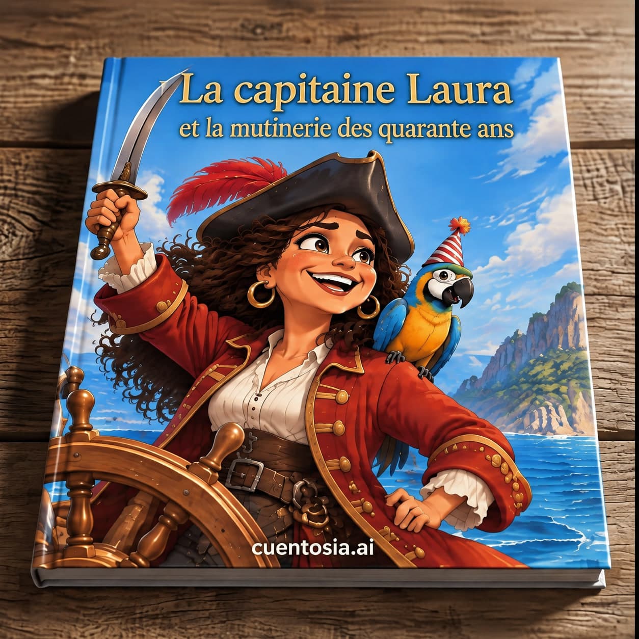 Couverture de « La capitaine Laura et la mutinerie des quarante ans » : Laura en pirate à la barre, un perroquet au chapeau de fête sur l’épaule, sur une table en bois