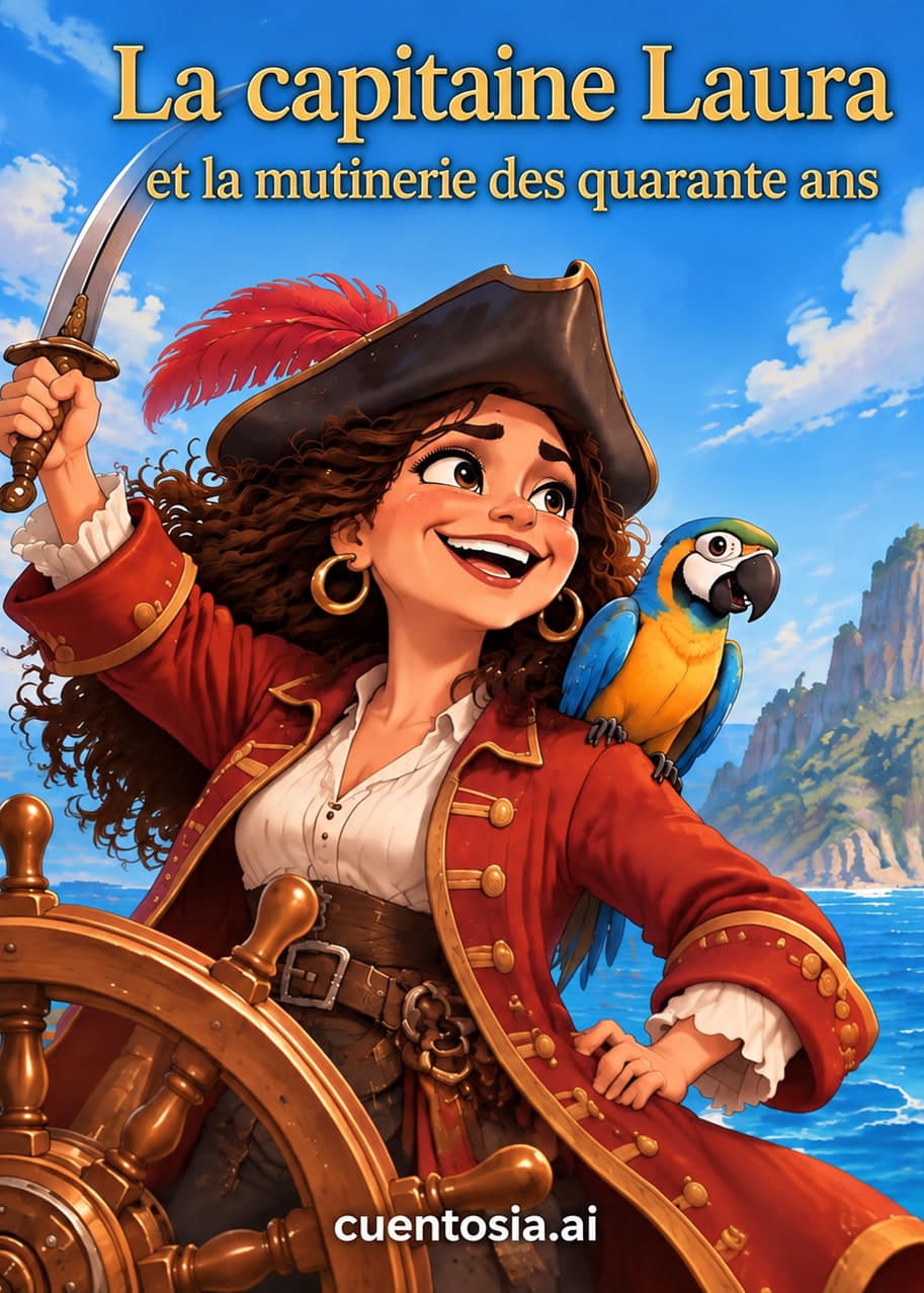 Couverture de « La capitaine Laura et la mutinerie des quarante ans » : Laura, capitaine pirate, à la barre avec un perroquet au chapeau de fête sur l’épaule