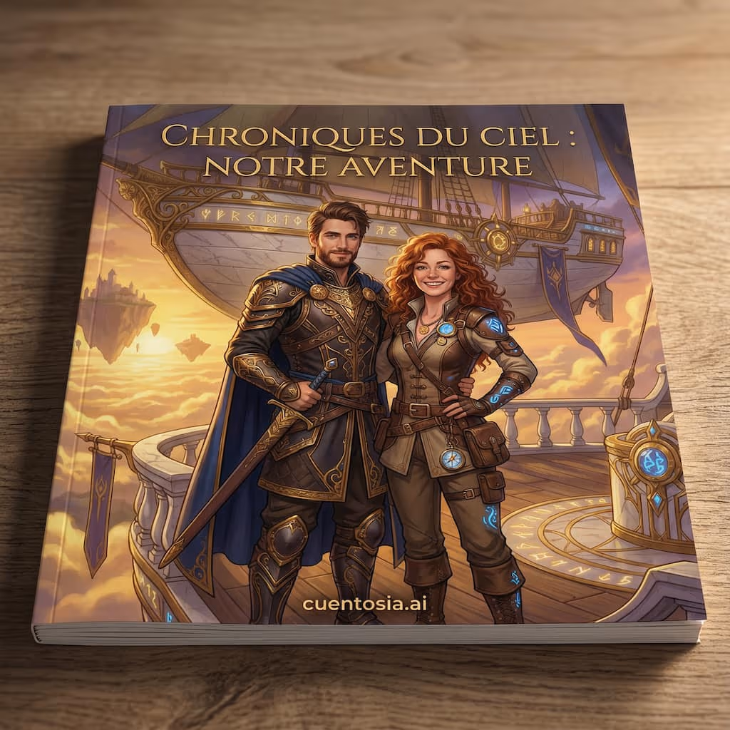 Couverture illustrée d'un conte personnalisé pour adultes : un couple d'aventuriers dans un port céleste