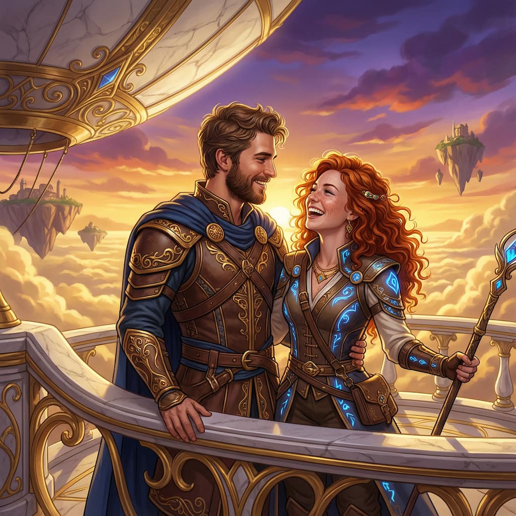 The same couple as adventurers aboard a flying ship