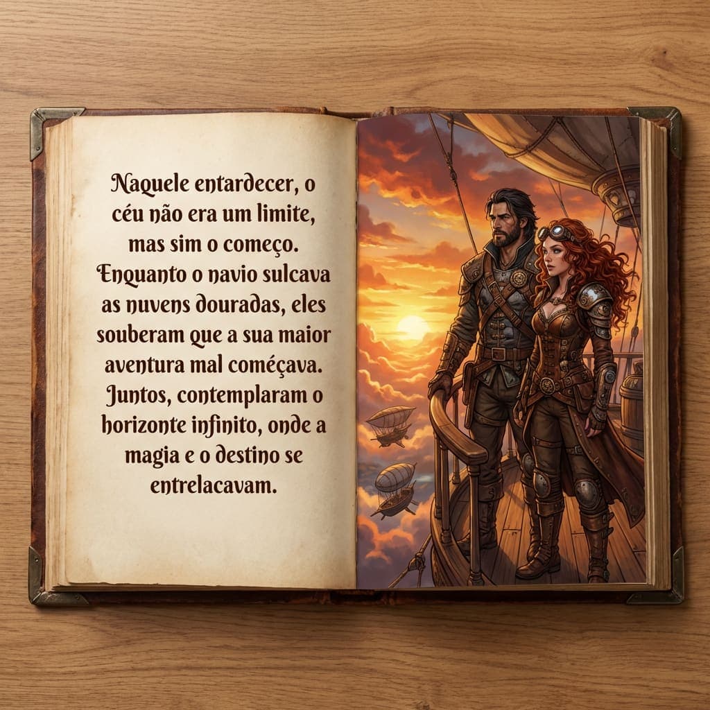 Conto personalizado para adultos aberto: um casal de aventureiros contempla o horizonte de um navio entre as nuvens