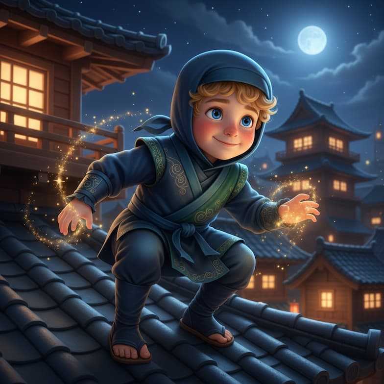 Criança ilustrada como Ninja na sua história personalizada