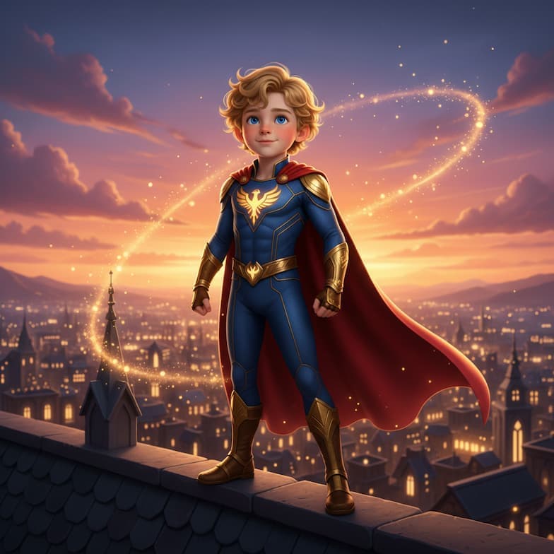 Criança ilustrada como Super-herói na sua história personalizada