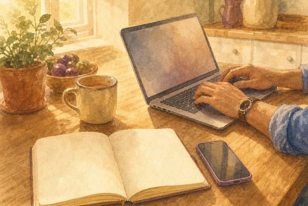 Cuaderno de viaje y portátil sobre la mesa de la cocina
