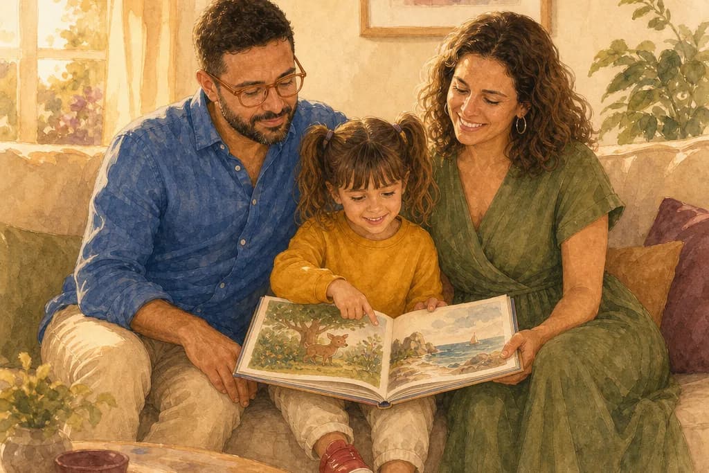 Petite fille lisant le livre imprimé sur le canapé avec sa mère