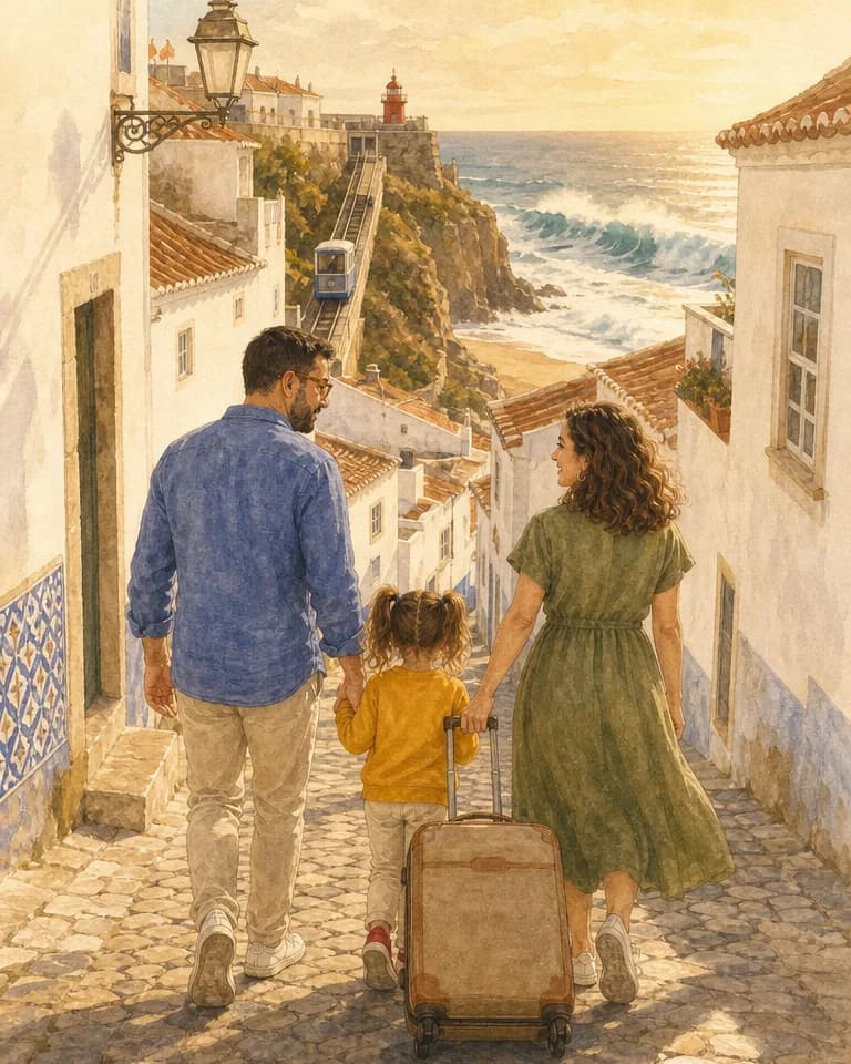 Ilustración de la familia subiendo una calle empedrada con la maleta