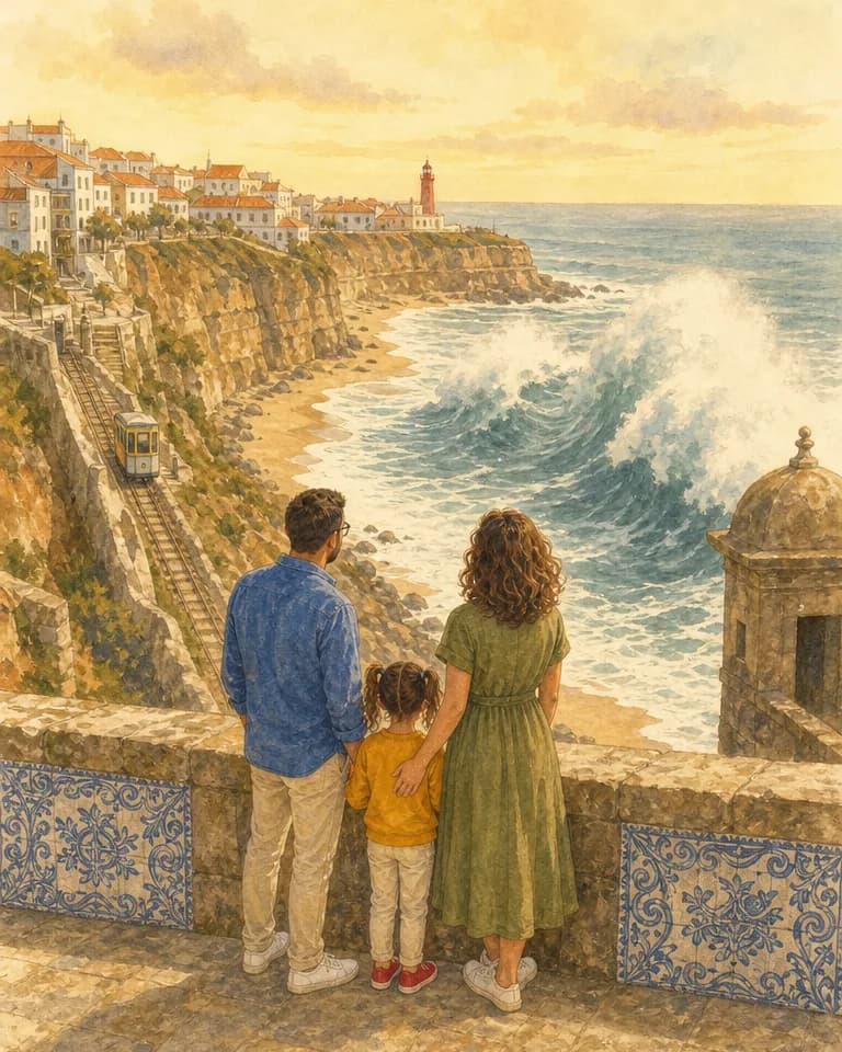 Ilustración de la familia viendo romper una ola gigante desde el mirador