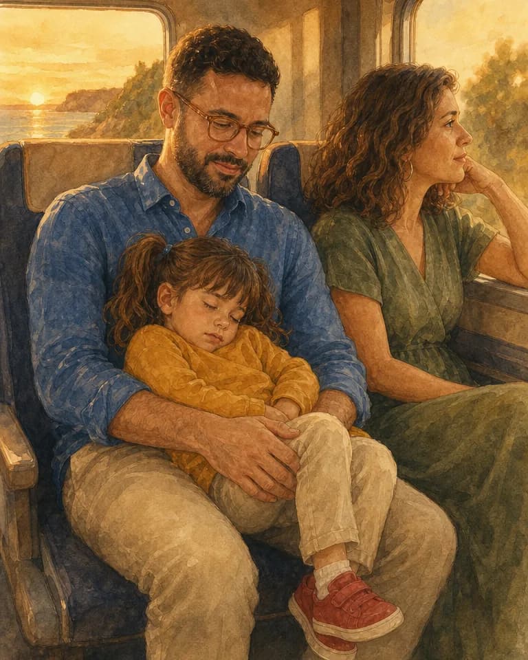 Ilustração da menina adormecida ao colo do pai, no comboio