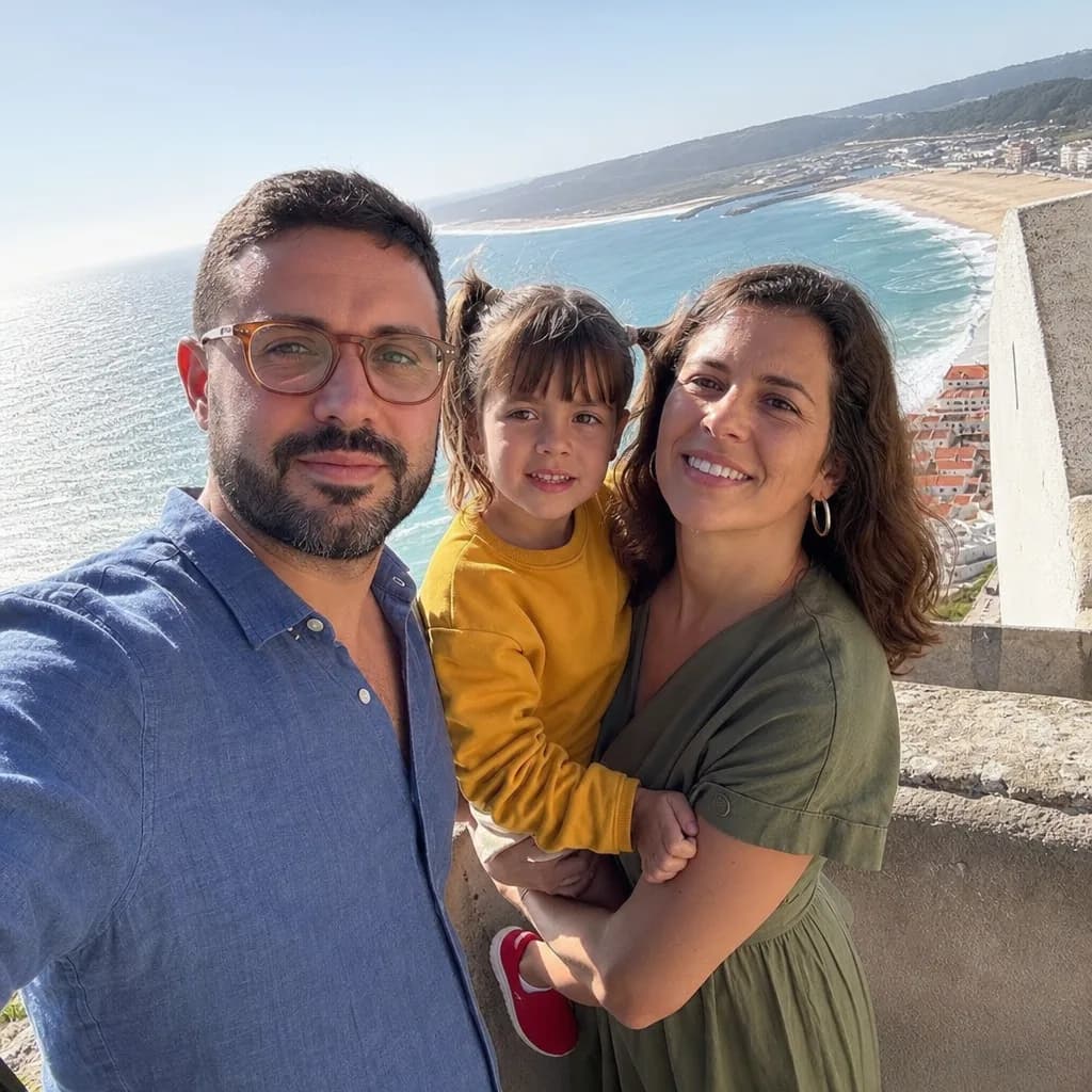 Fotografia de família tirada com o telemóvel num miradouro à beira-mar