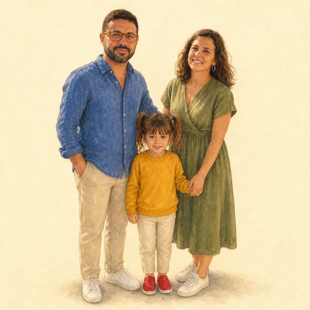 Les trois mêmes membres de la famille illustrés sur fond neutre