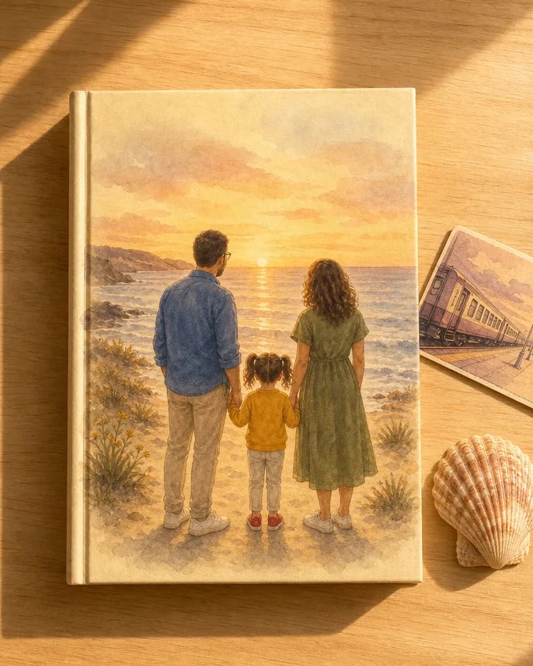 Cuento de tapa dura sobre una mesa, con una familia ilustrada de espaldas al mar en la portada