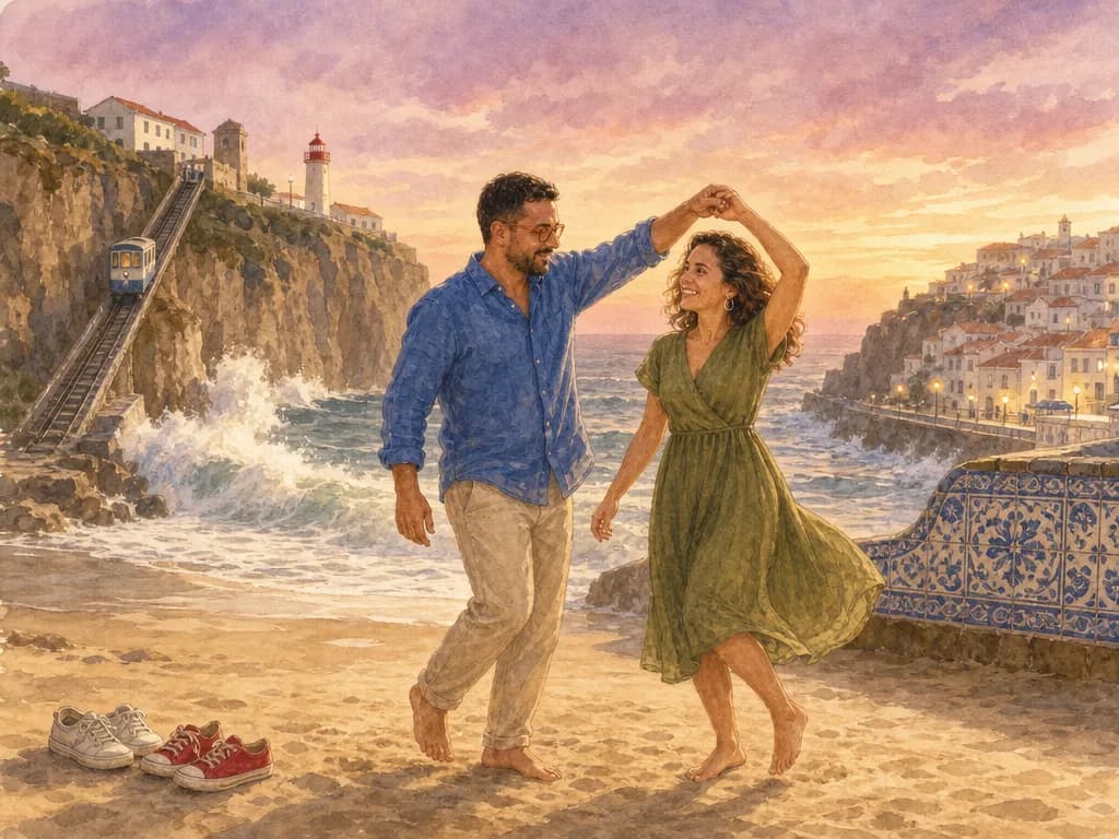 Couple dansant pieds nus sur le sable à la tombée du jour