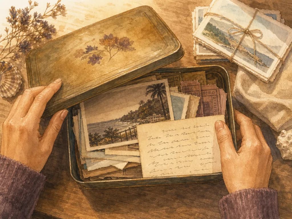 Manos abriendo una caja de hojalata con postales y cartas antiguas