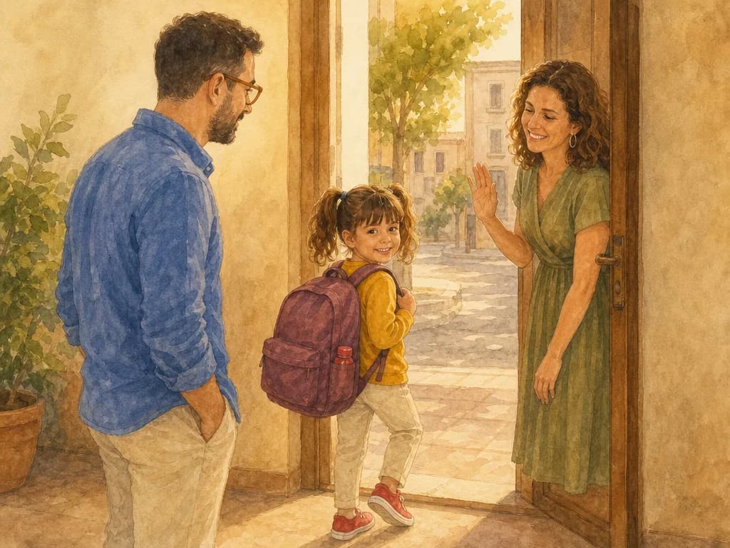 Niña con mochila en el portal el primer día de colegio