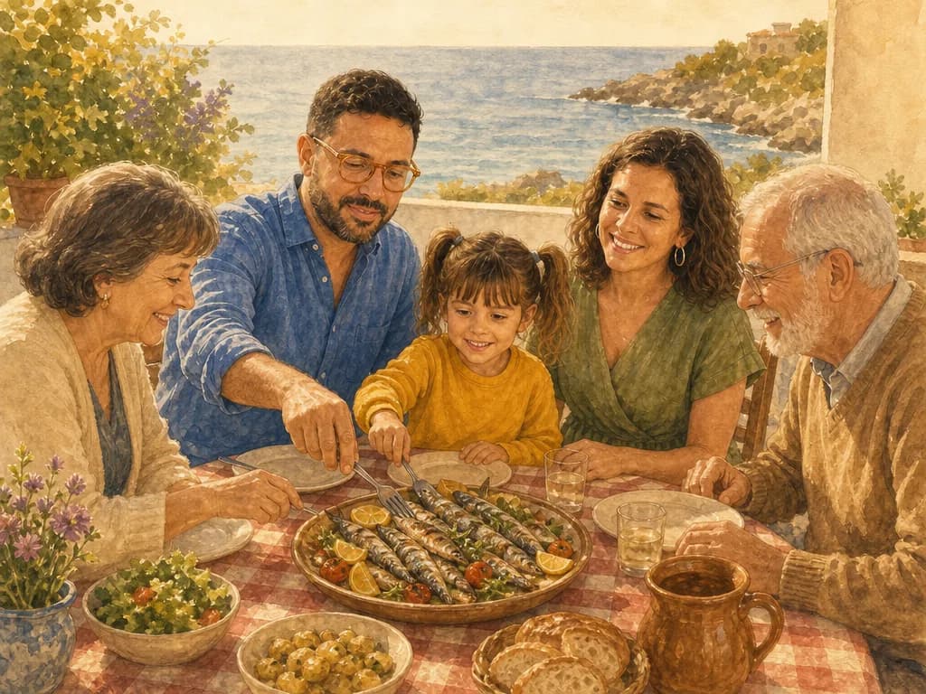 Comida familiar en una terraza junto al mar, tres generaciones en la mesa