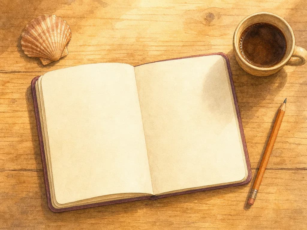Carnet ouvert et vierge avec un crayon et une tasse sur la table