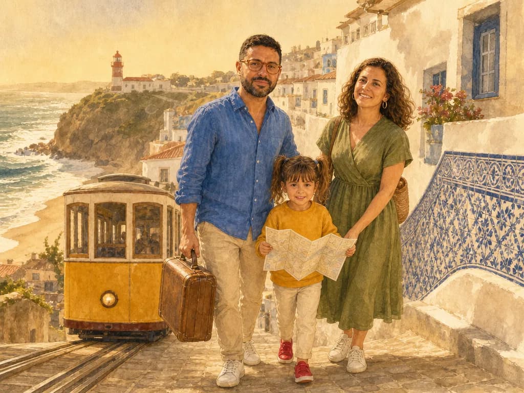 Familia bajando del funicular con una maleta y un mapa desplegado