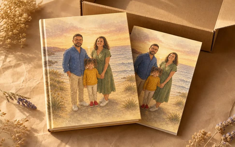 Dos ejemplares del cuento impreso apilados junto a una caja de envío