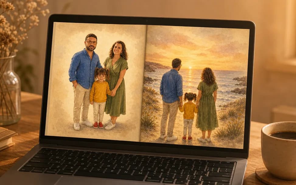 Portátil mostrando la doble página de un cuento ilustrado