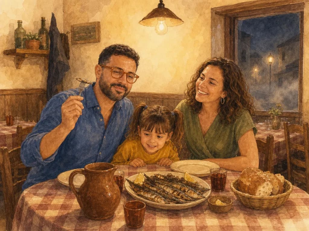 Ilustración de una cena de sardinas con las caras reales de la familia