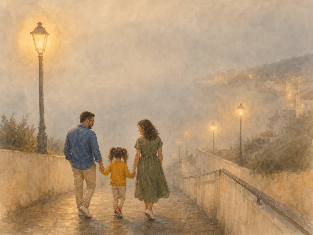 Ilustración de una familia bajando a la playa entre la niebla