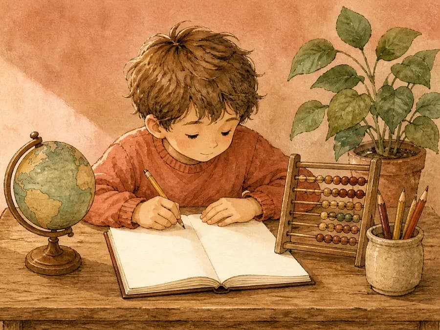Menino a estudar na secretária com um globo terrestre e um ábaco