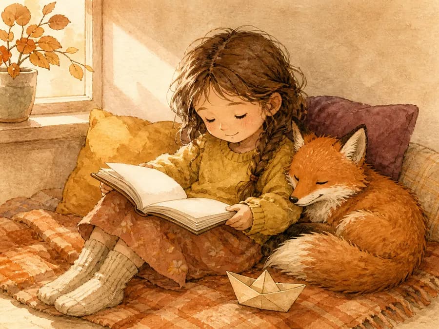 Girl reading an illustrated story curled up beside a fox