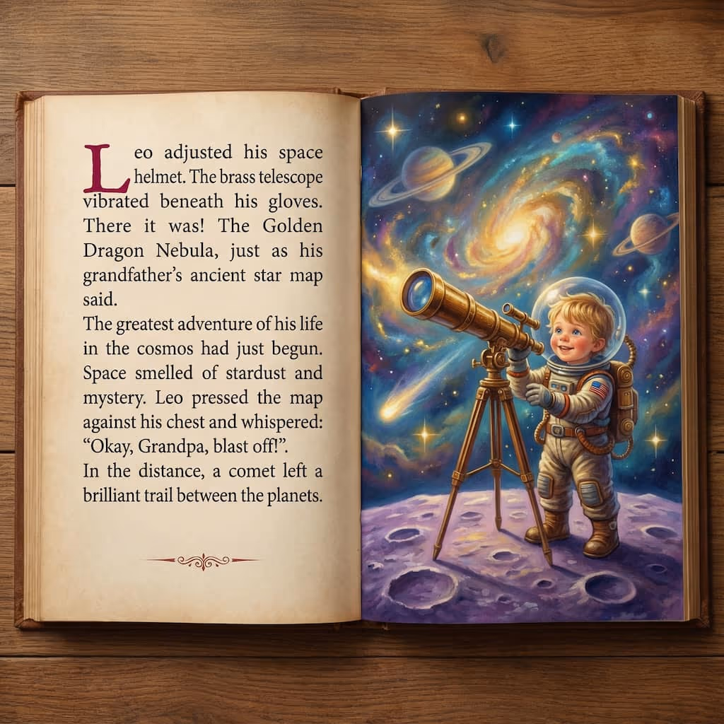 Personalized educational storybook open: the hero, an astronaut, observes galaxies with a telescope