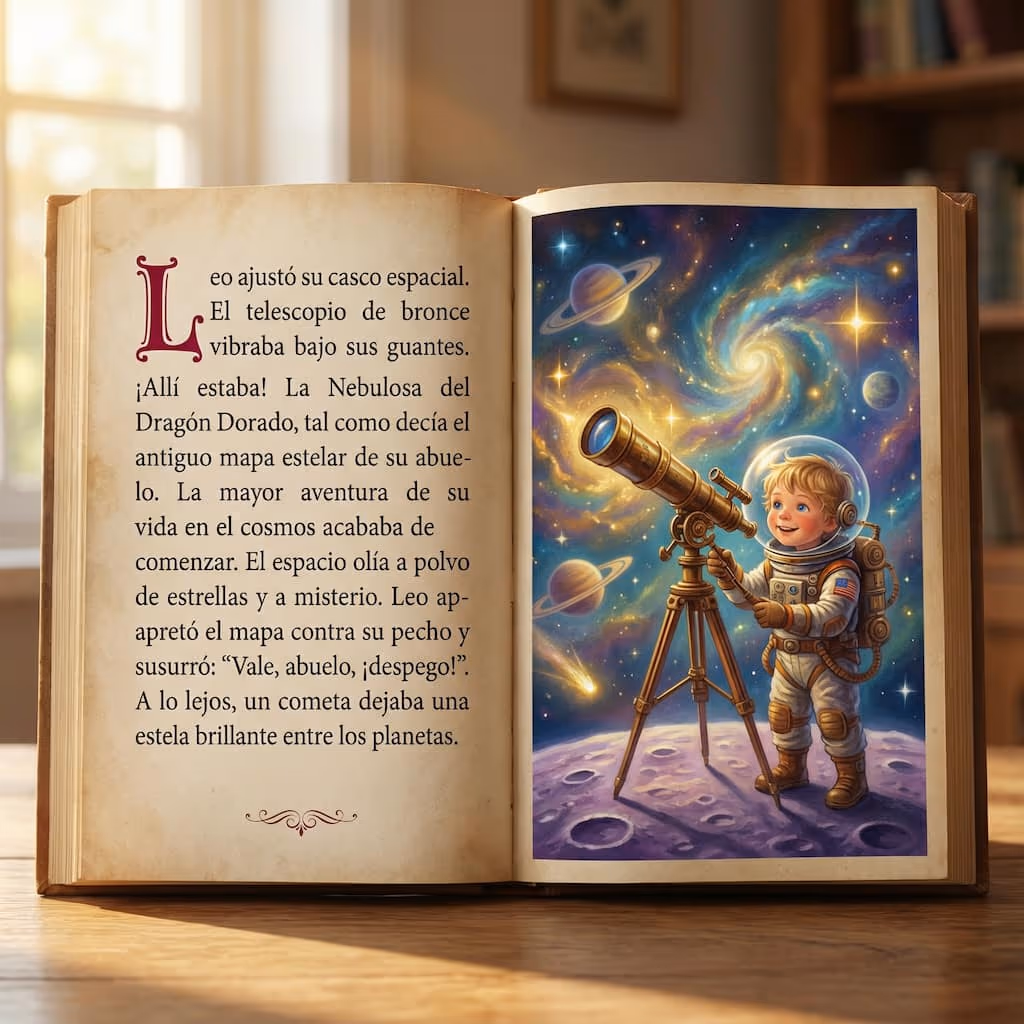 Cuento educativo personalizado abierto: el protagonista, astronauta, observa galaxias con un telescopio